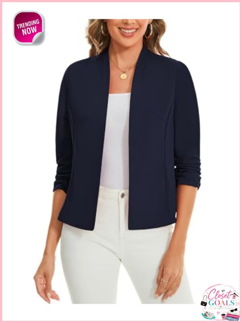 Women 3/4 Sleeve Open Front Cropped Blazer Business Casual Work Jacket
